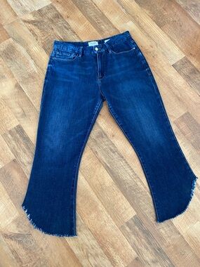 Frame Denim Dark Blue Flare Jeans with Raw Hem